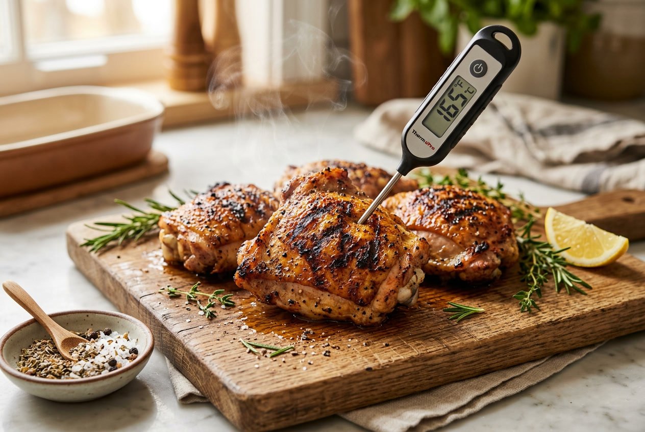 Close-up of cooked chicken thighs on a cutting board with a meat thermometer showing the internal temperature.