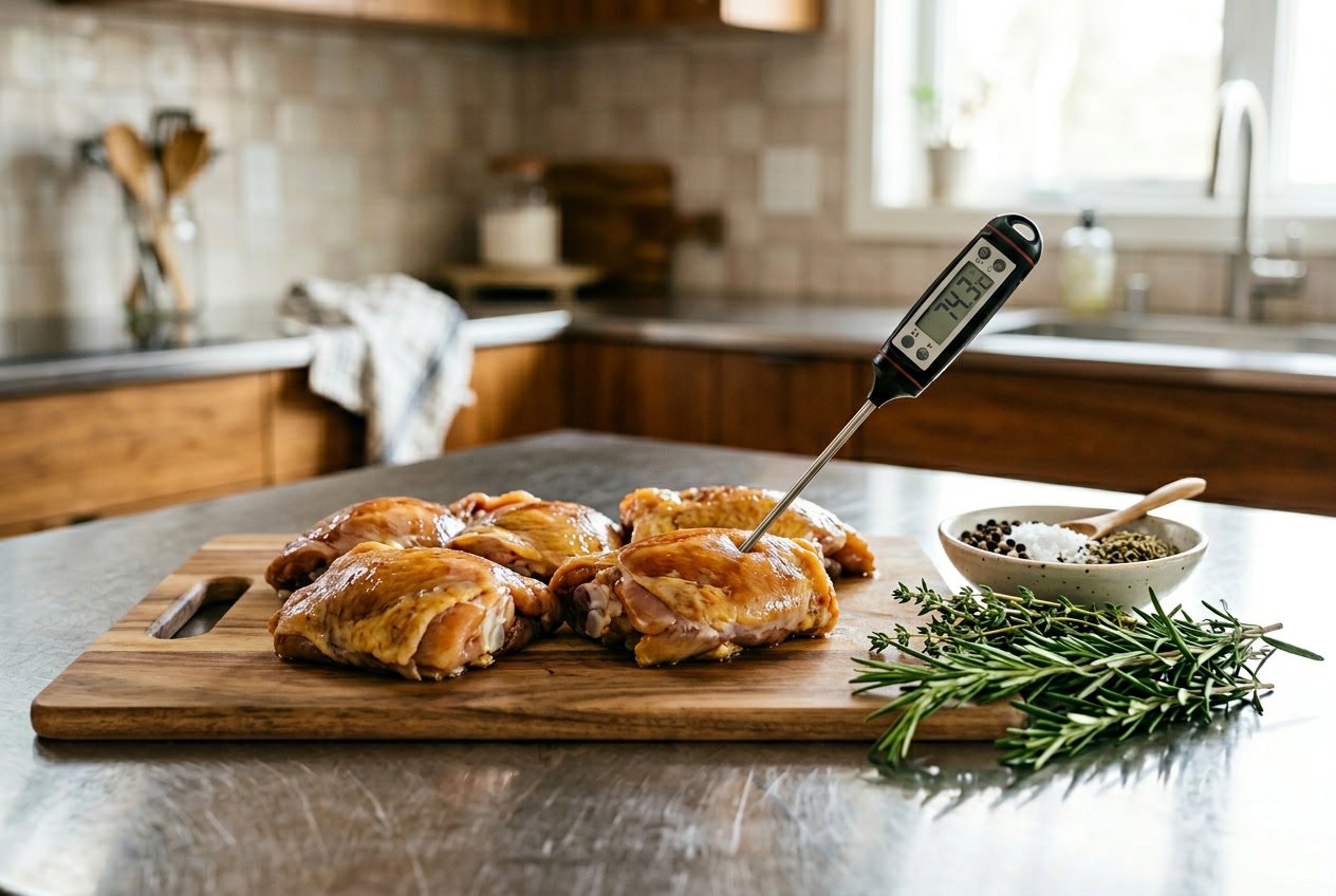 Raw chicken thighs on a cutting board with a digital food thermometer inserted, surrounded by fresh herbs and spices in a kitchen.