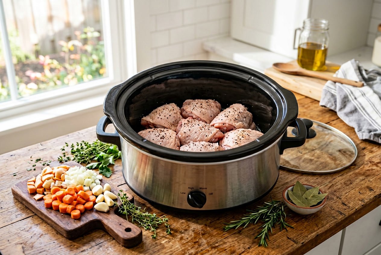 Raw chicken thighs placed inside an open crock pot on a kitchen countertop with fresh vegetables and herbs around it.