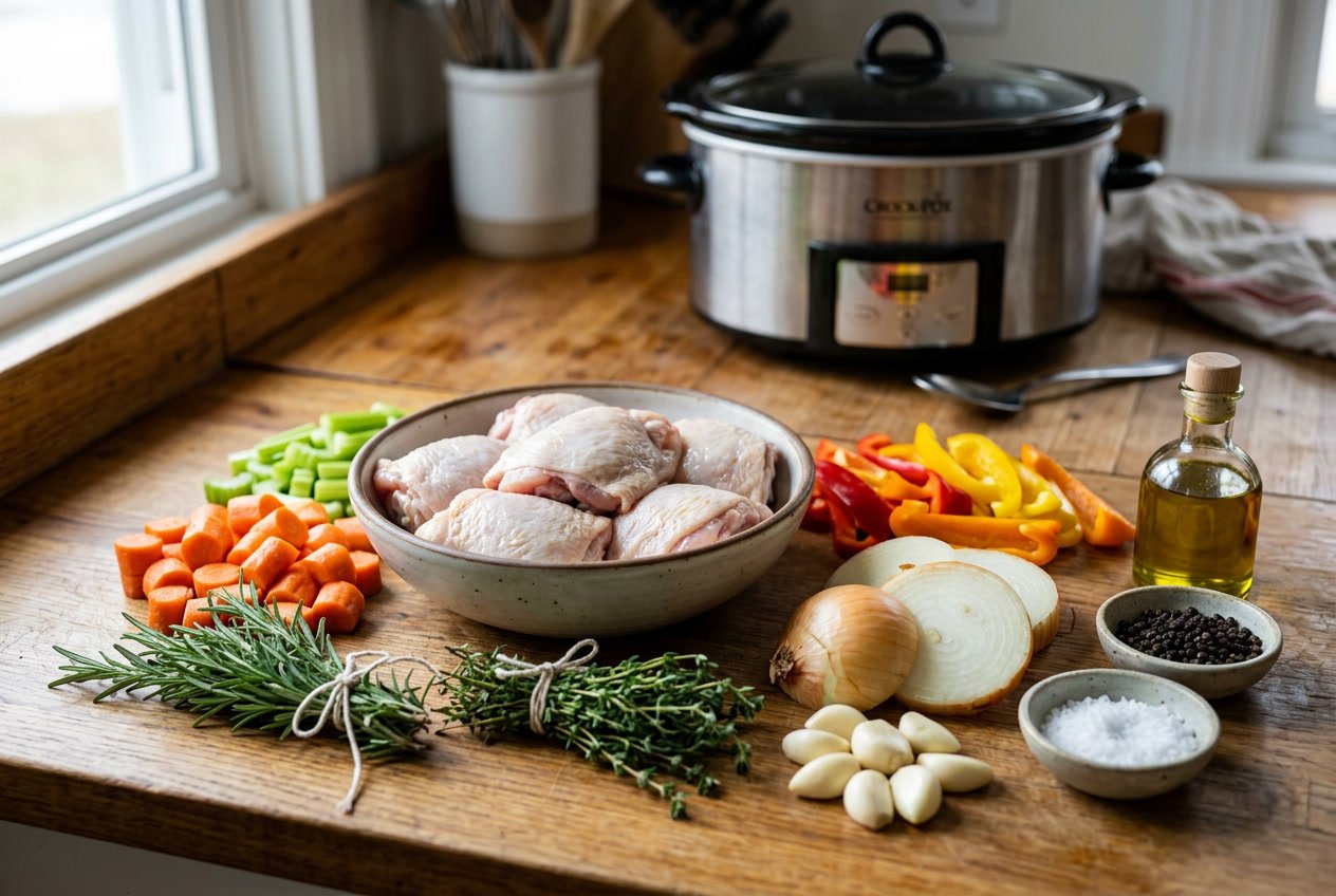 Fresh raw chicken thighs and various fresh vegetables and herbs arranged on a wooden countertop with a slow cooker in the background.