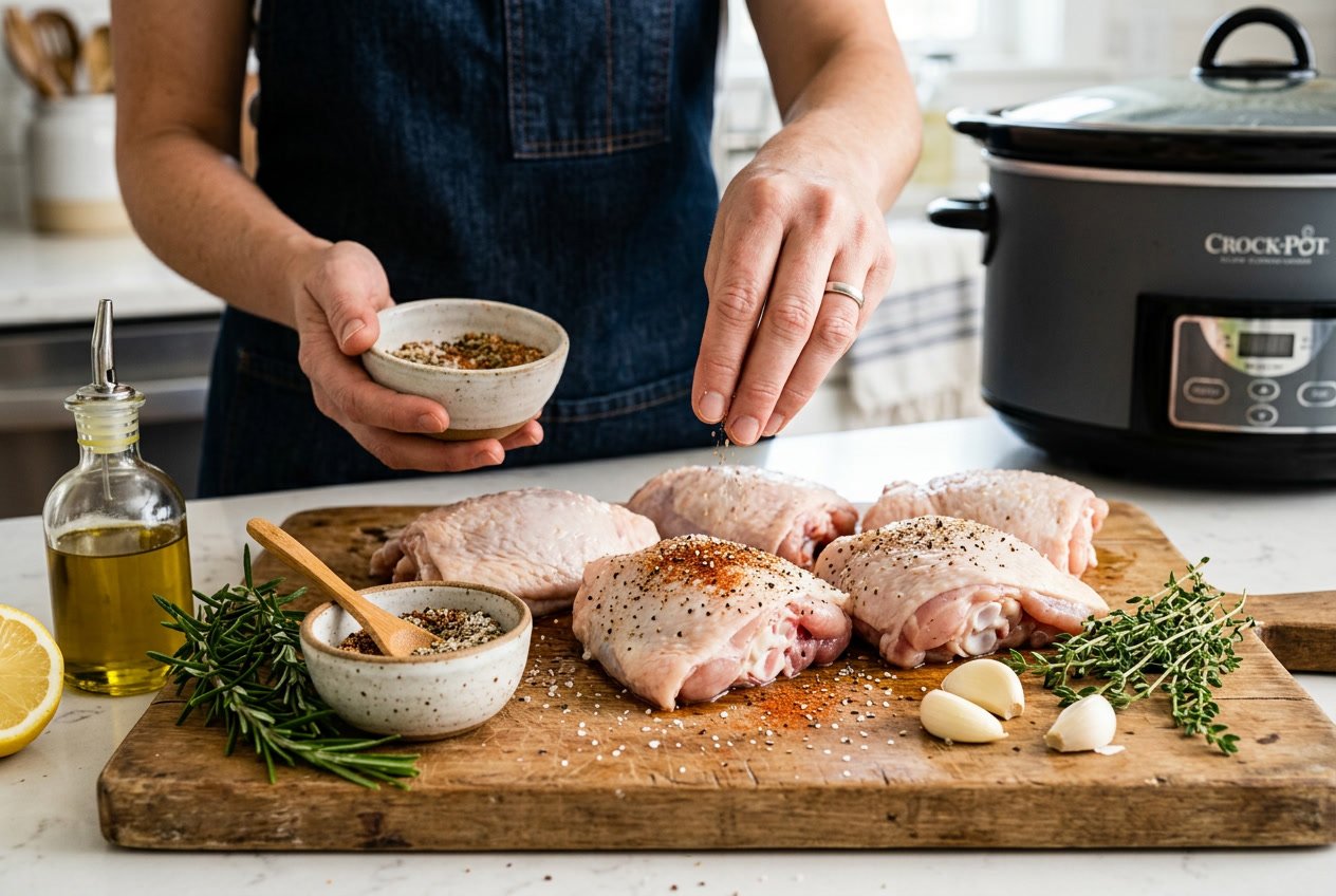 Close-up of raw chicken thighs being seasoned on a cutting board with herbs and spices near a crock pot in a kitchen.