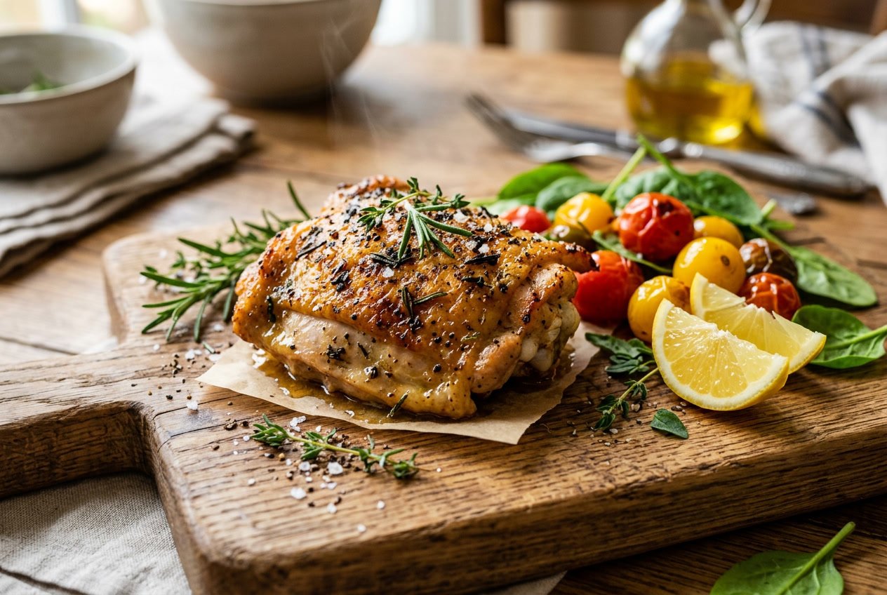 A cooked chicken thigh on a wooden cutting board with fresh herbs and colorful vegetables around it.