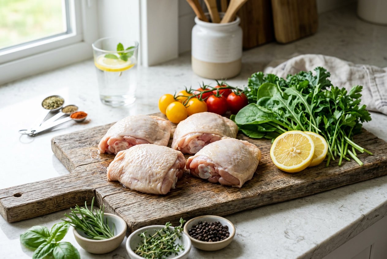 Raw chicken thighs on a wooden cutting board surrounded by fresh vegetables on a kitchen countertop.