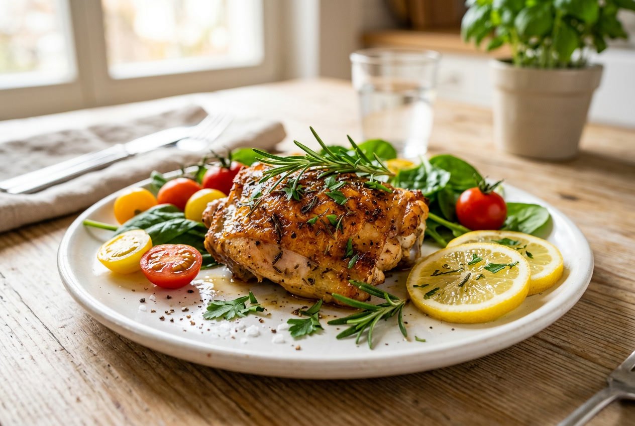 A cooked chicken thigh on a white plate garnished with herbs, surrounded by fresh vegetables and lemon slices.