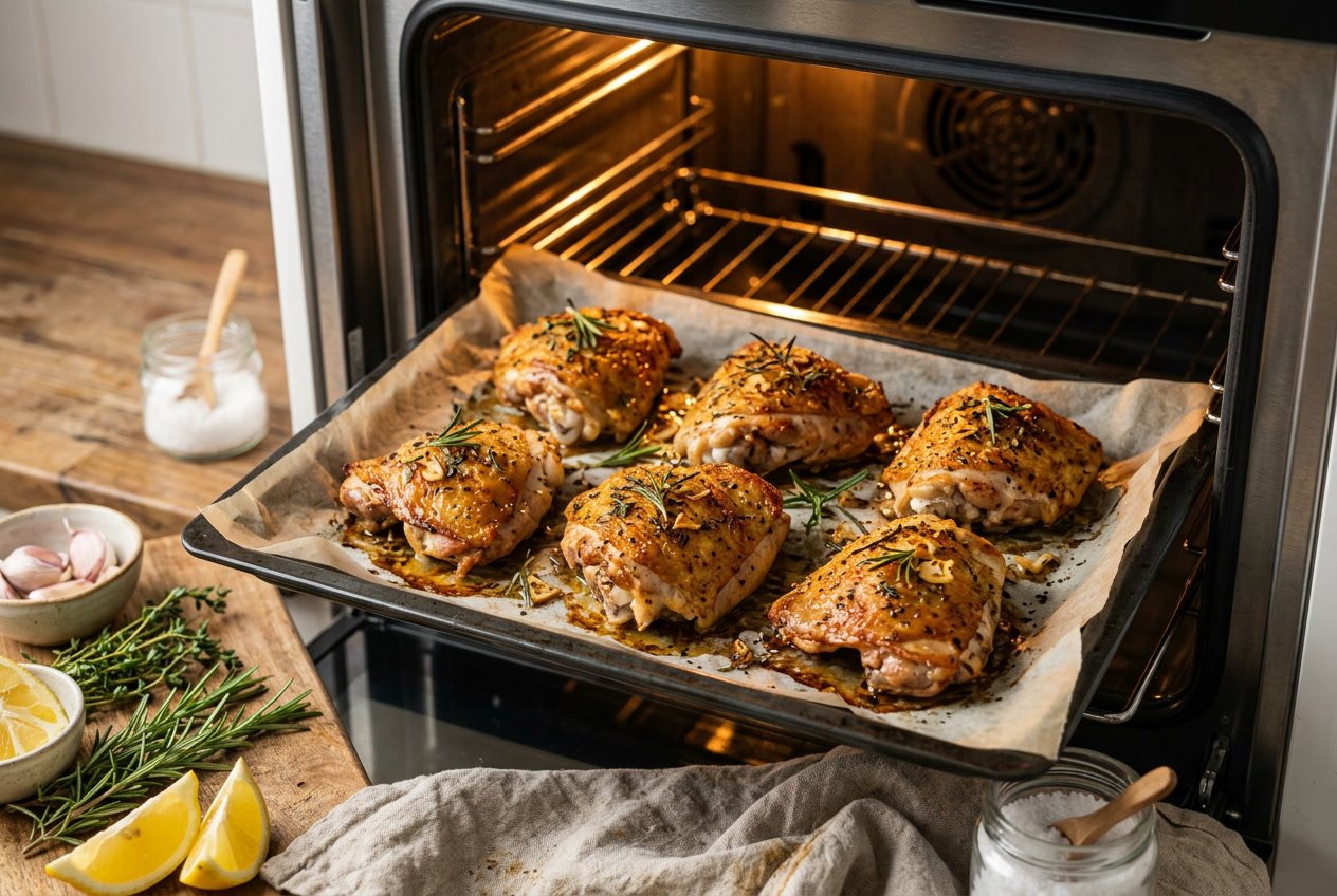 Chicken thighs roasting on a baking tray inside an oven with herbs and lemon nearby.