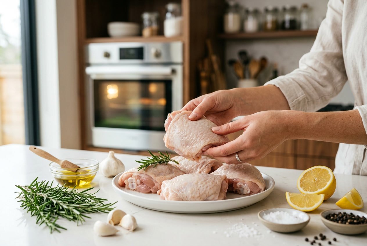 Hands holding raw chicken thighs on a plate with fresh herbs and lemon wedges on a kitchen countertop.