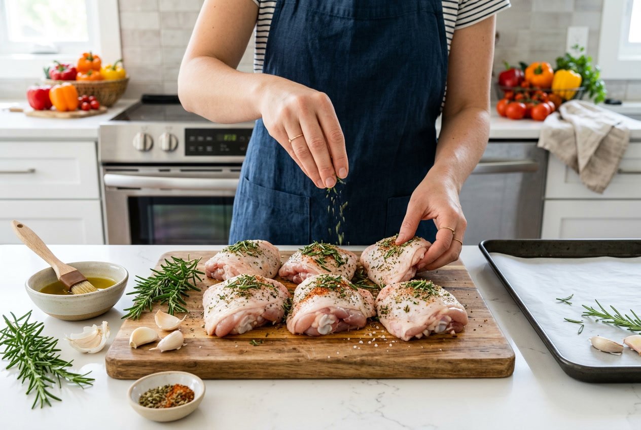 Hands seasoning raw chicken thighs on a cutting board with herbs and spices next to a baking tray in a kitchen.