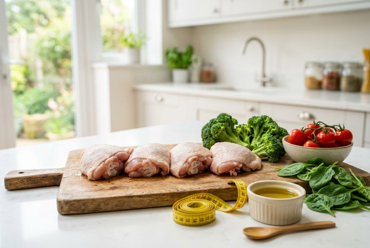 Raw chicken thighs on a cutting board surrounded by fresh vegetables in a kitchen.