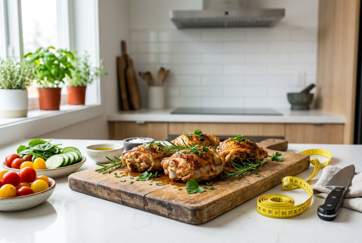Cooked chicken thighs on a cutting board with fresh vegetables and a measuring tape in a kitchen setting.