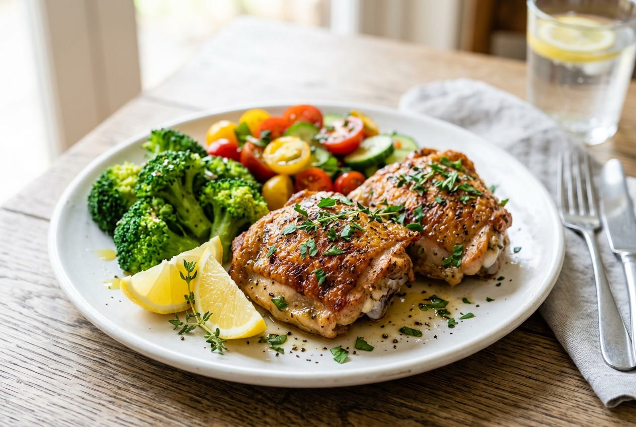 Close-up of cooked chicken thighs garnished with herbs and served with fresh vegetables on a white plate.