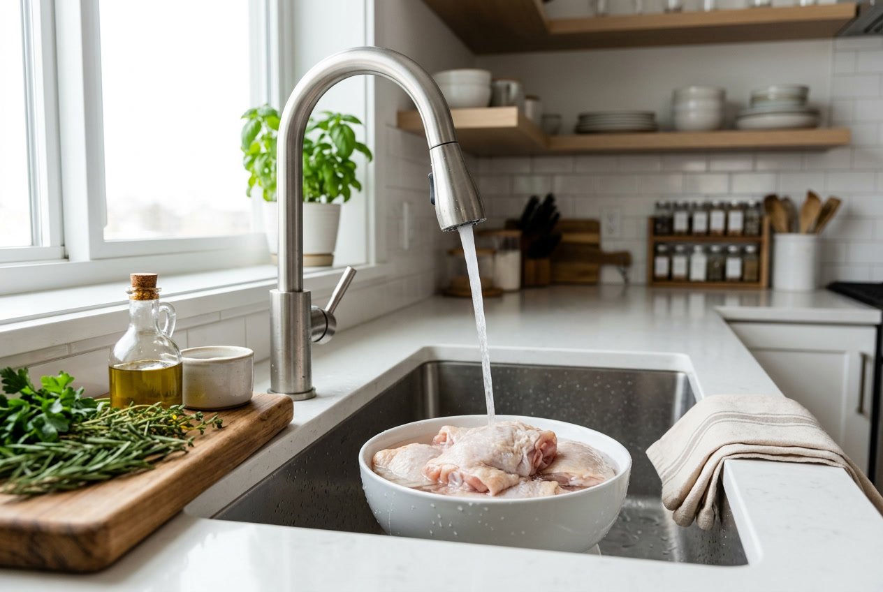 Raw chicken thighs being rinsed under running water in a kitchen sink with fresh herbs and kitchen utensils nearby.