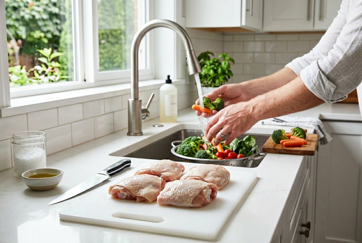 Raw chicken thighs on a cutting board near a kitchen sink with running water and hands washing vegetables.