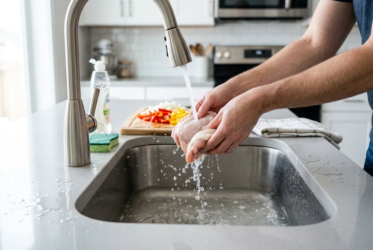 Raw chicken thighs being washed in a kitchen sink with water splashing, surrounded by kitchen utensils and fresh vegetables.