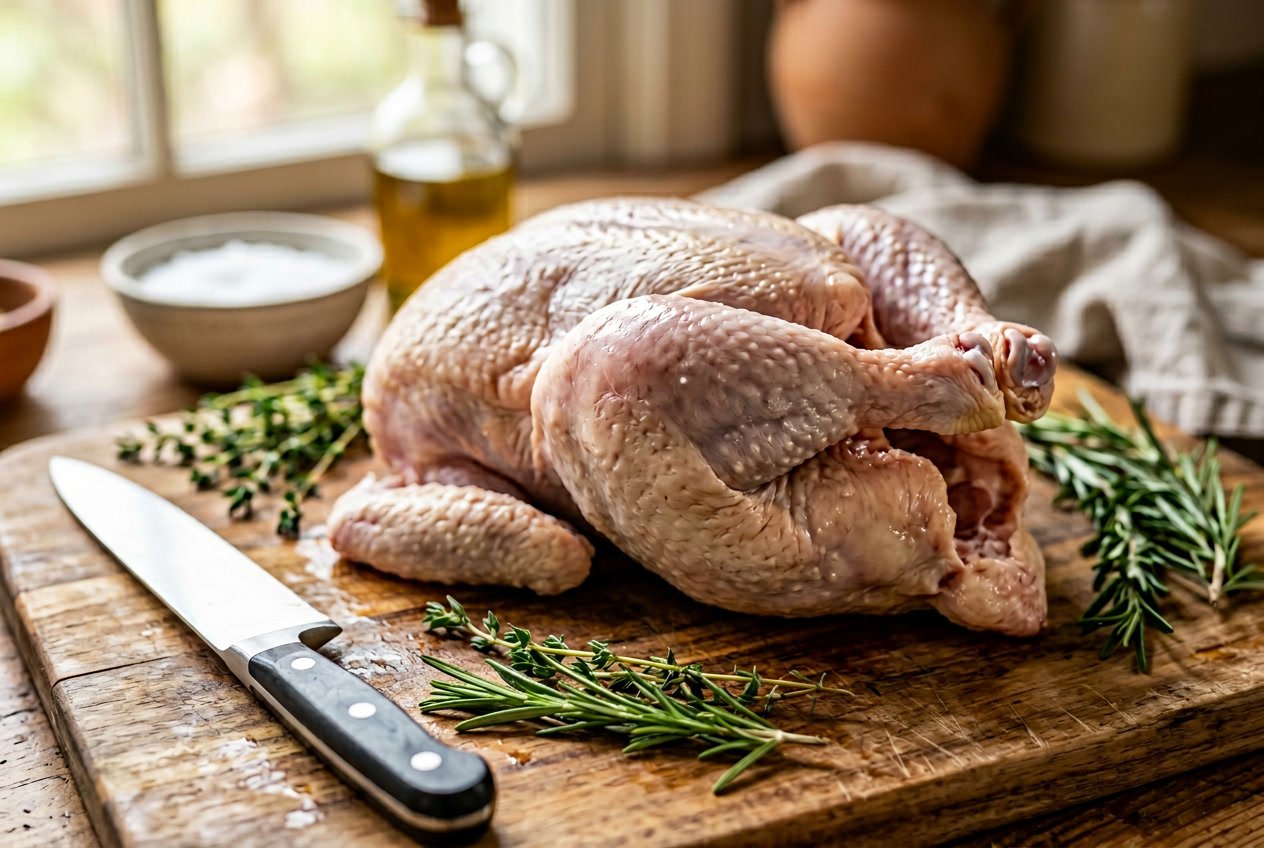 A raw whole chicken on a wooden cutting board with the thigh area clearly visible, surrounded by fresh herbs and a kitchen knife.