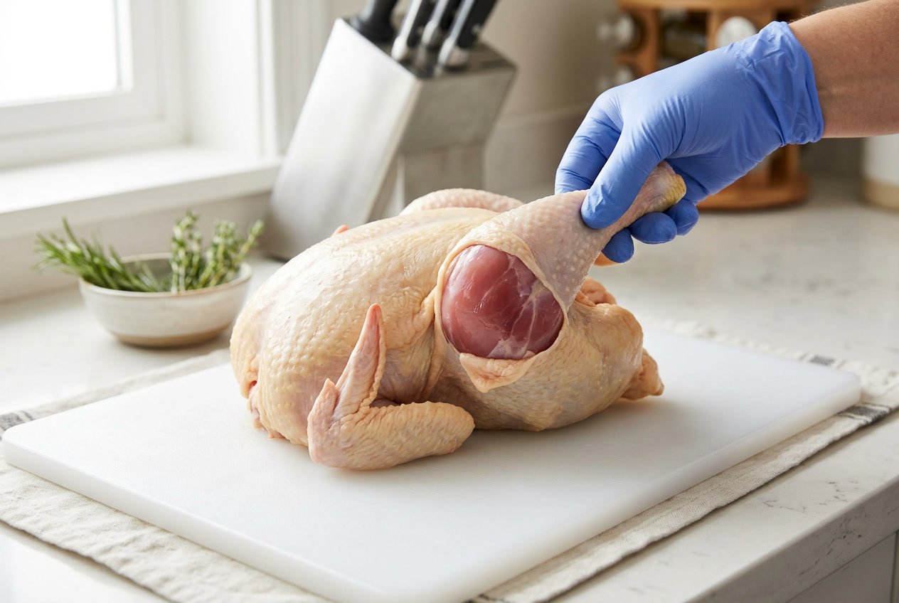 A whole raw chicken on a cutting board with a hand pointing to the thigh area.