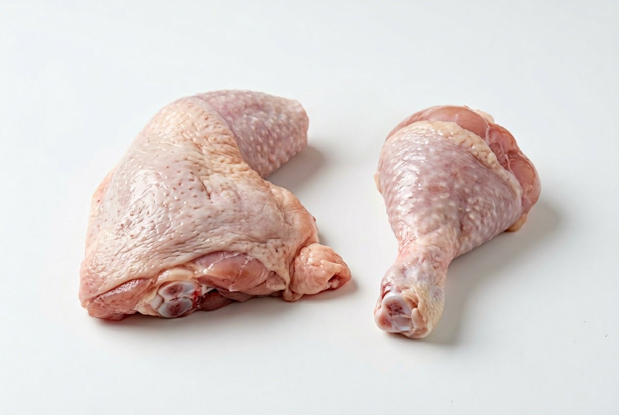 Close-up of a raw chicken leg separated into thigh and drumstick parts on a white background.
