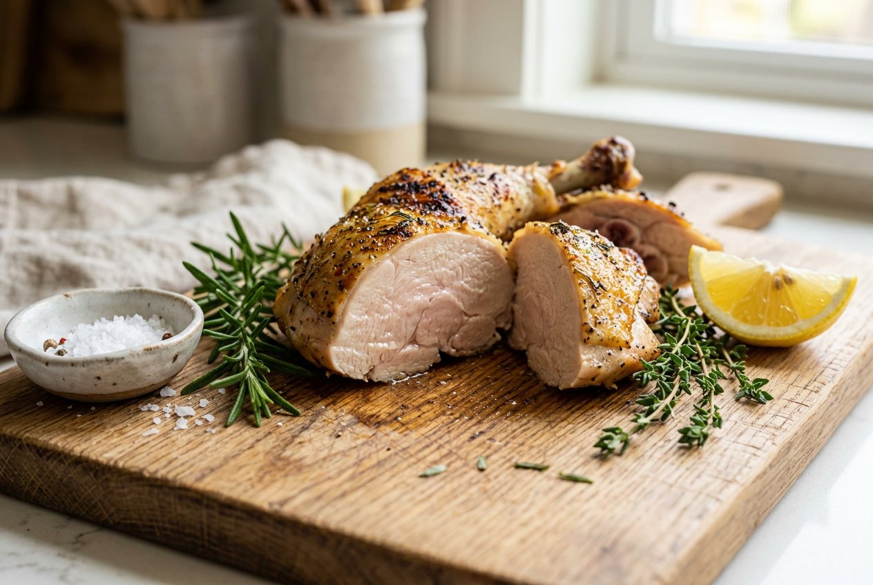 A cooked chicken thigh sliced open on a cutting board with herbs and lemon nearby.
