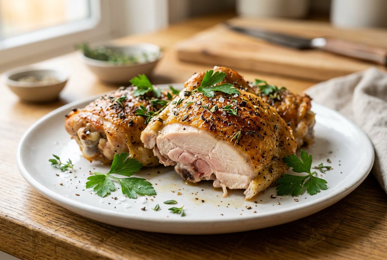 Close-up of fully cooked chicken thighs on a white plate garnished with fresh herbs.