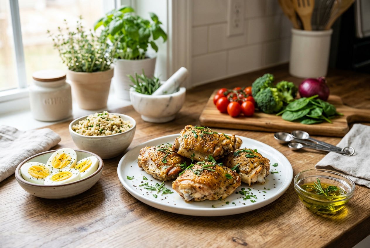 Cooked chicken thighs on a white plate garnished with herbs, surrounded by small bowls of protein, carbohydrates, and fats in a kitchen setting.