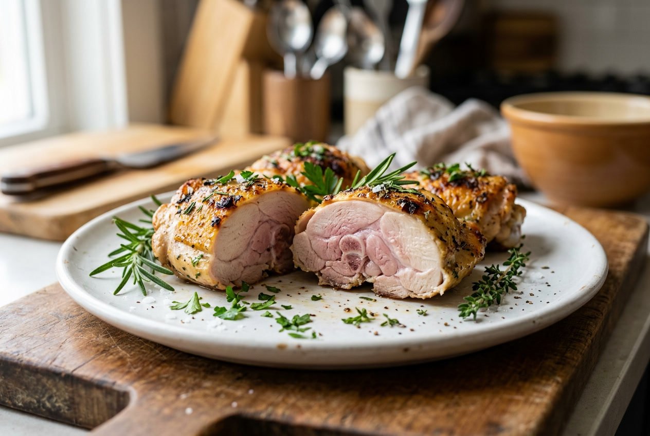 Close-up of cooked chicken thighs on a plate with a slight pink center, garnished with green herbs, on a kitchen countertop.