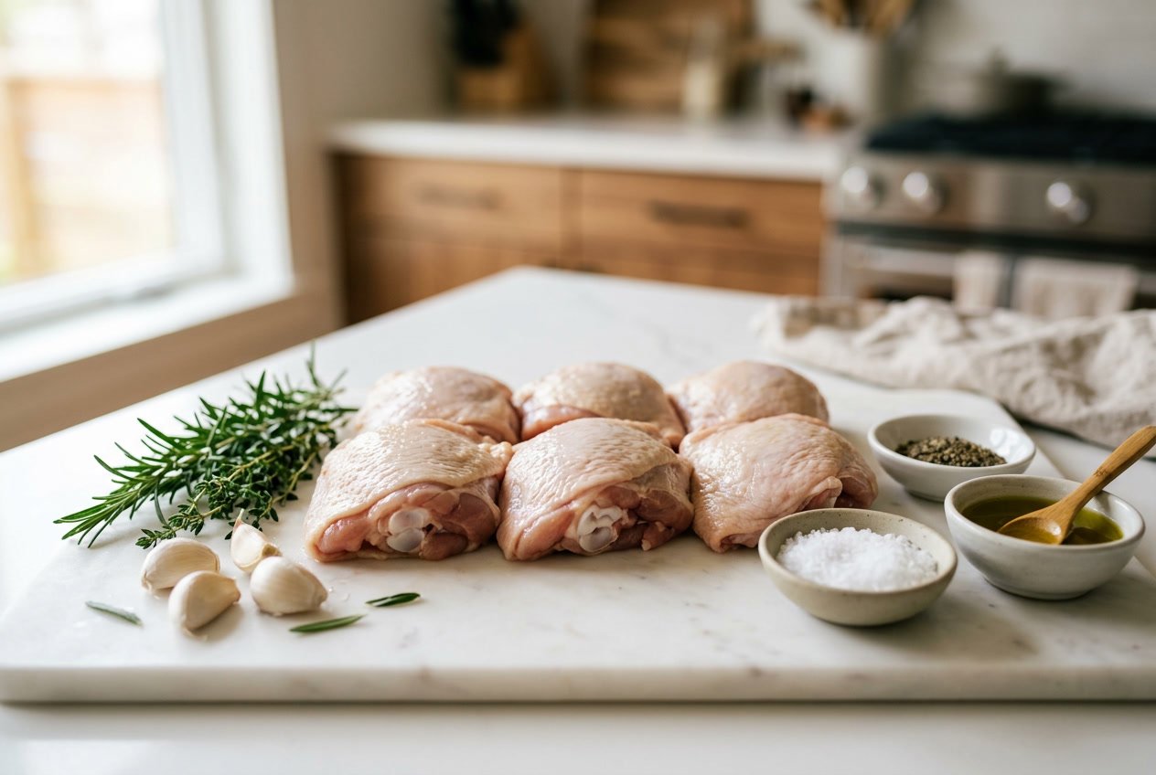 Close-up of raw chicken thighs on a cutting board with herbs and seasoning ingredients around them.