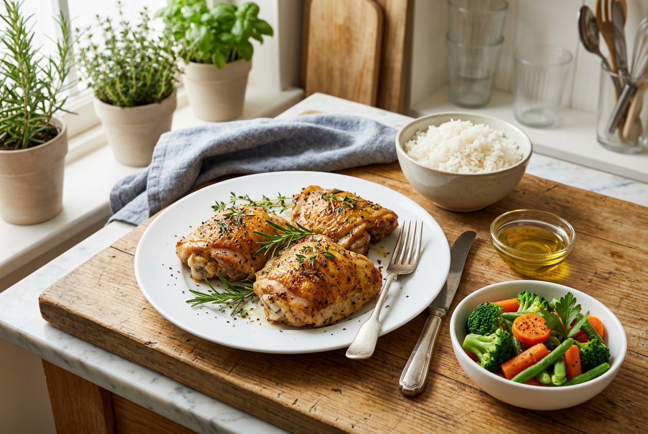 Close-up of cooked chicken thighs on a white plate with small bowls of rice, olive oil, and vegetables arranged on a kitchen countertop.