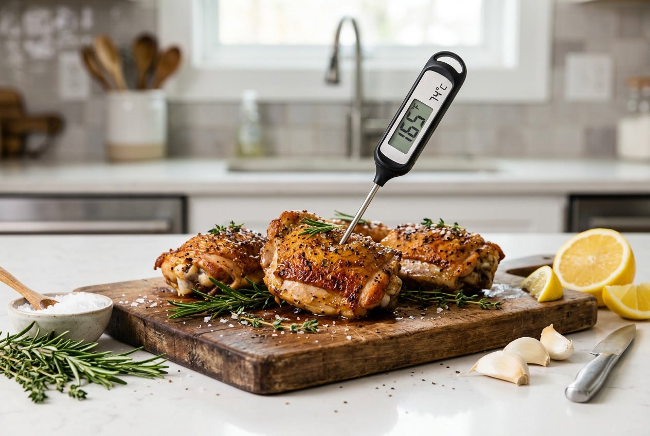 Cooked chicken thighs on a wooden cutting board with a digital thermometer showing the temperature, surrounded by fresh herbs and ingredients.