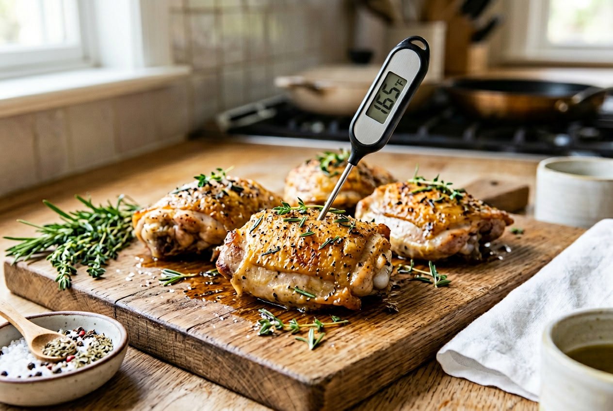 Close-up of cooked chicken thighs on a wooden board with a digital thermometer showing the internal temperature, surrounded by herbs and spices.