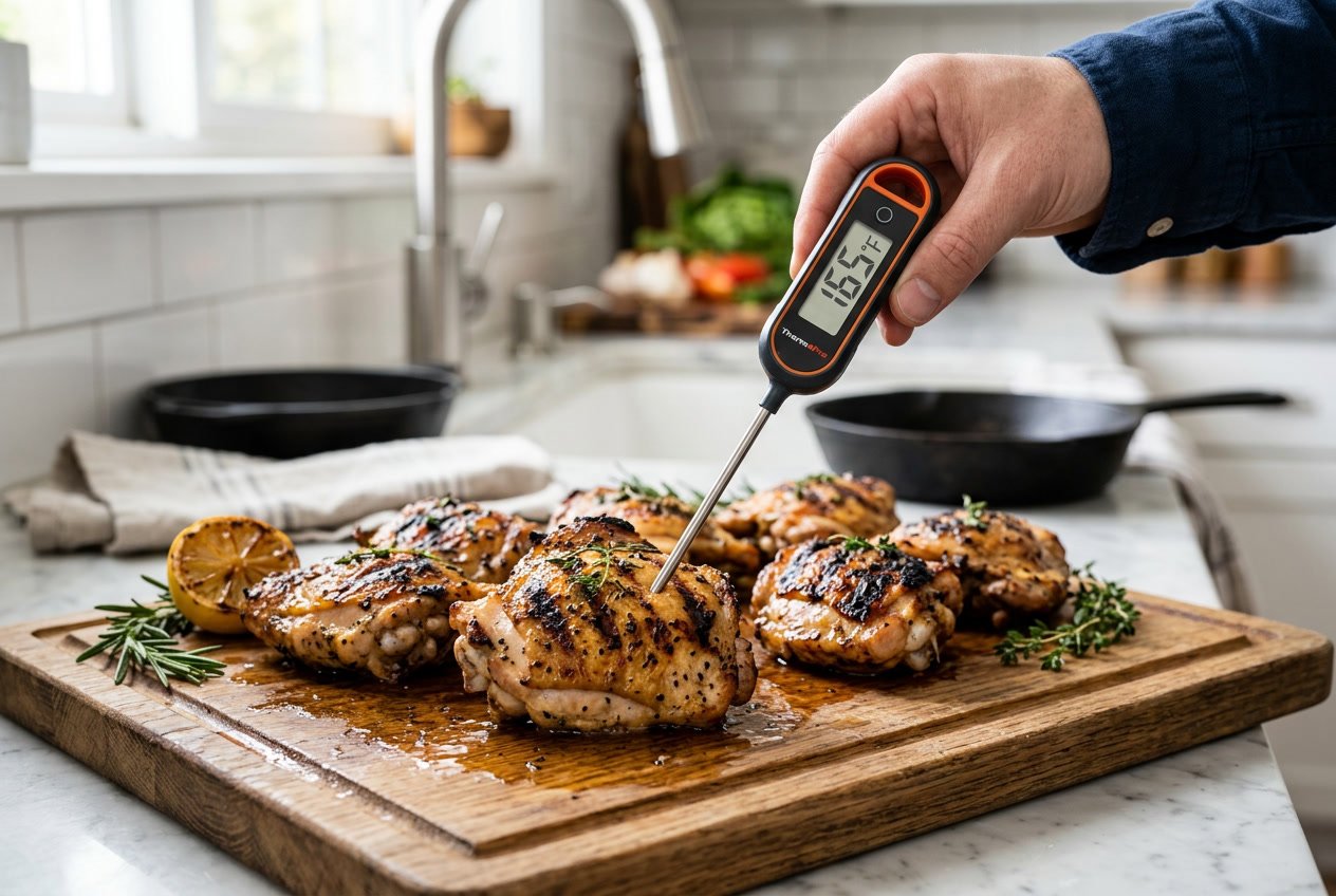 A person measuring the internal temperature of cooked chicken thighs with a digital meat thermometer in a kitchen.