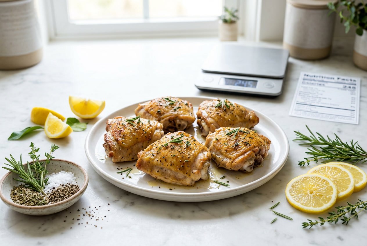 Close-up of cooked chicken thighs on a plate with fresh herbs and lemon slices in a kitchen setting.