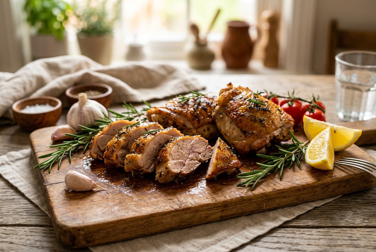 Cooked chicken thighs sliced on a wooden cutting board with rosemary, garlic, and lemon wedges.
