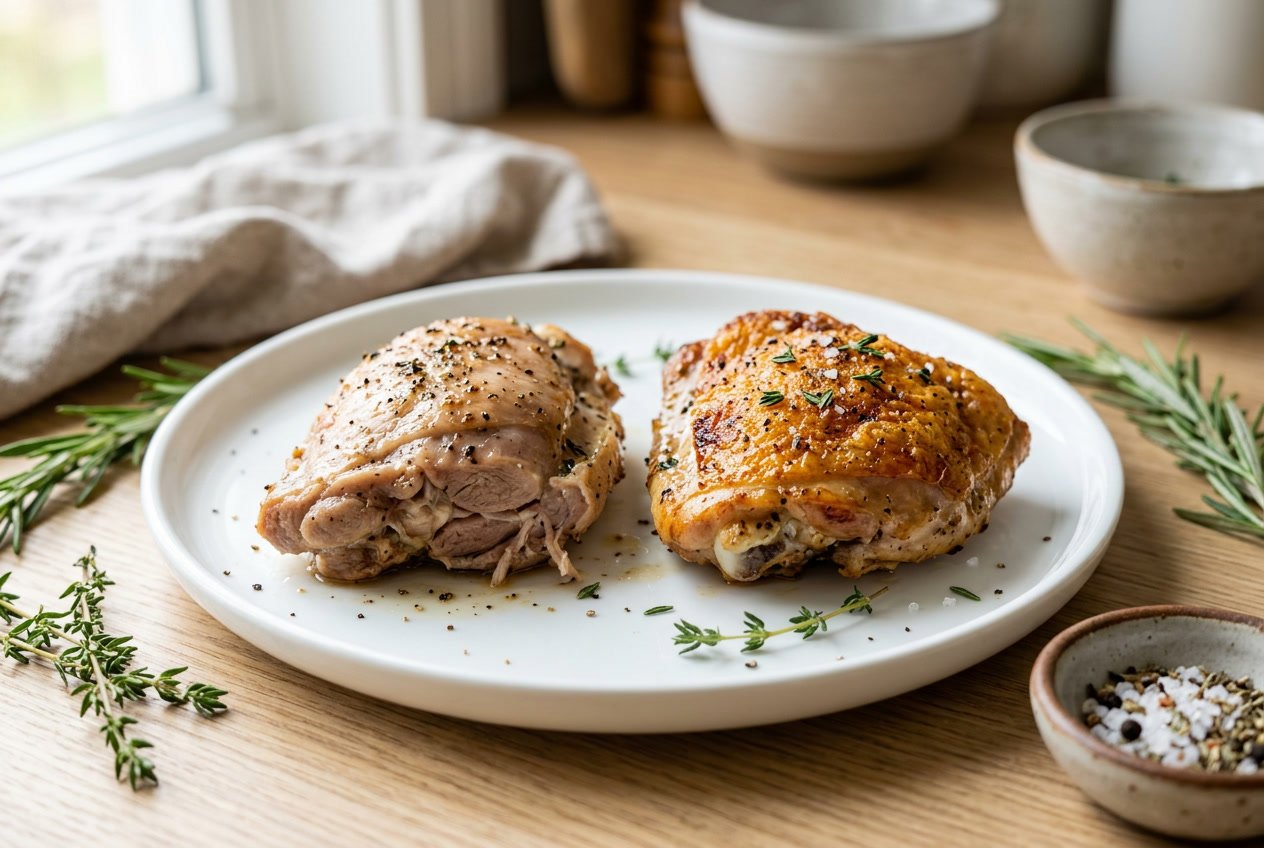 Close-up of a plate with one skinless chicken thigh and one skin-on chicken thigh side by side, garnished with fresh herbs.
