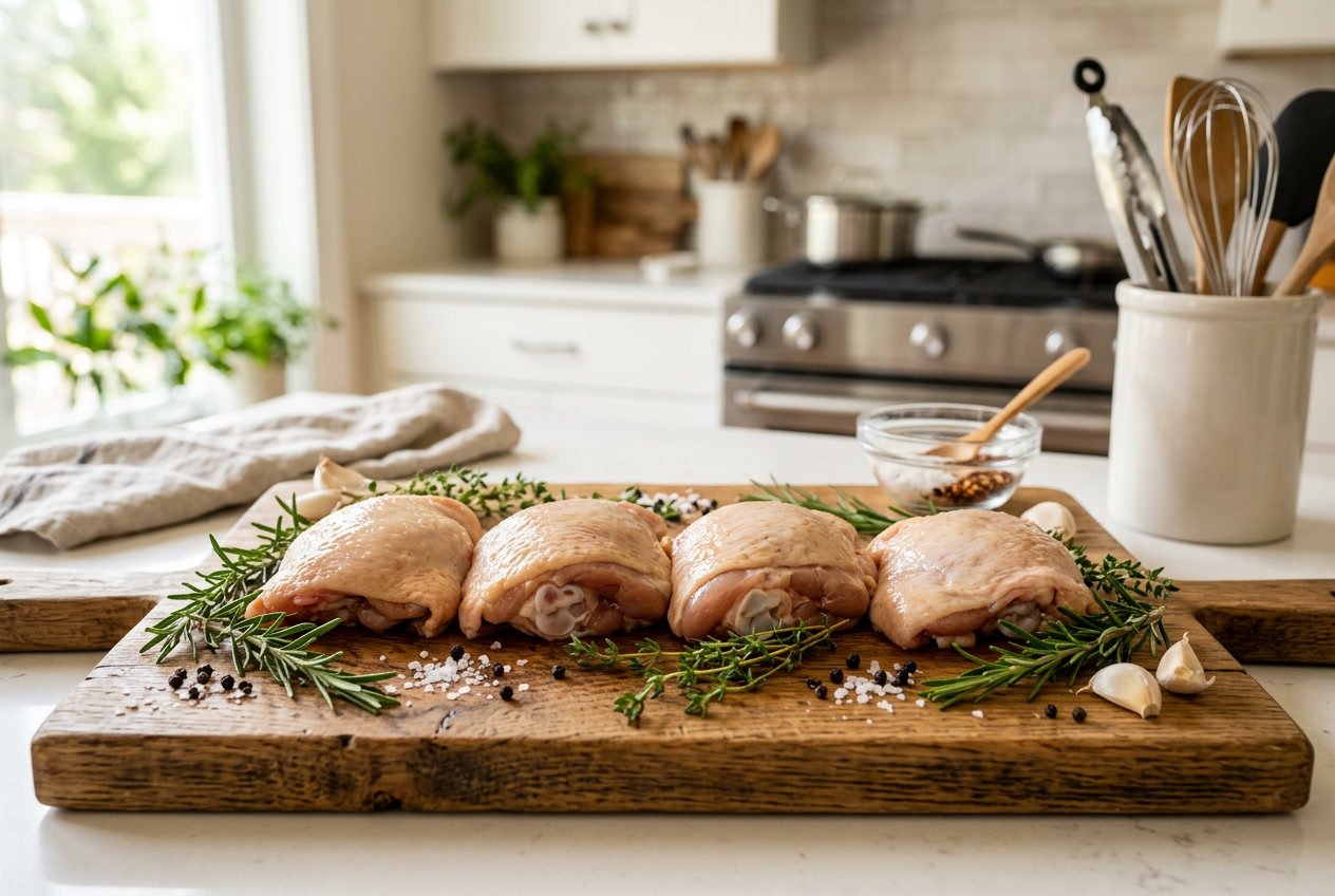 Fresh raw chicken thighs arranged on a wooden cutting board with herbs in a kitchen setting.