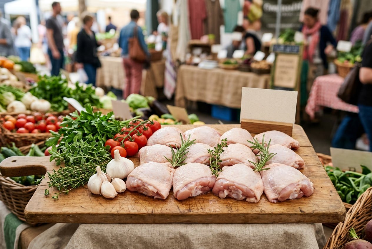 Close-up of raw chicken thighs on a wooden cutting board surrounded by fresh vegetables in a market setting.