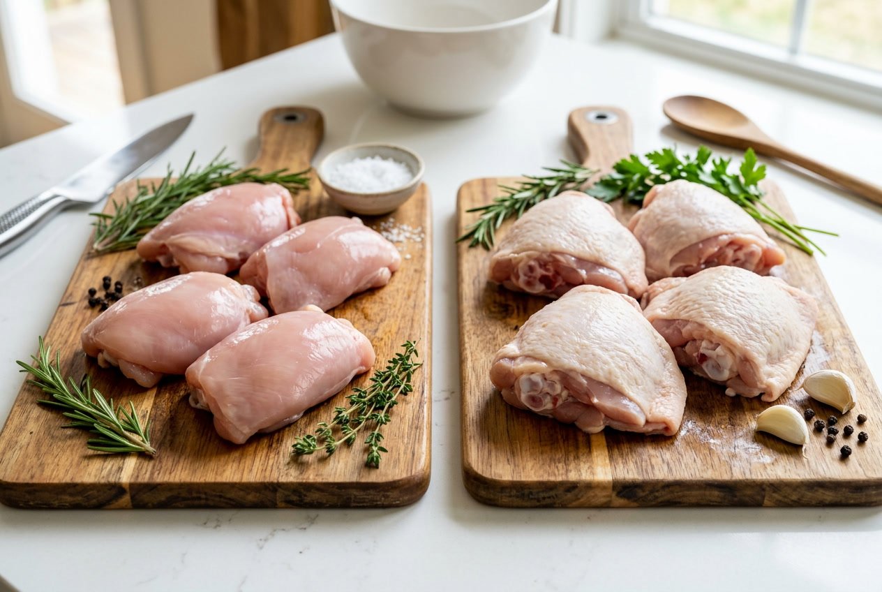 Two wooden cutting boards on a kitchen counter, one with boneless chicken thighs and the other with bone-in chicken thighs, surrounded by herbs and garlic.