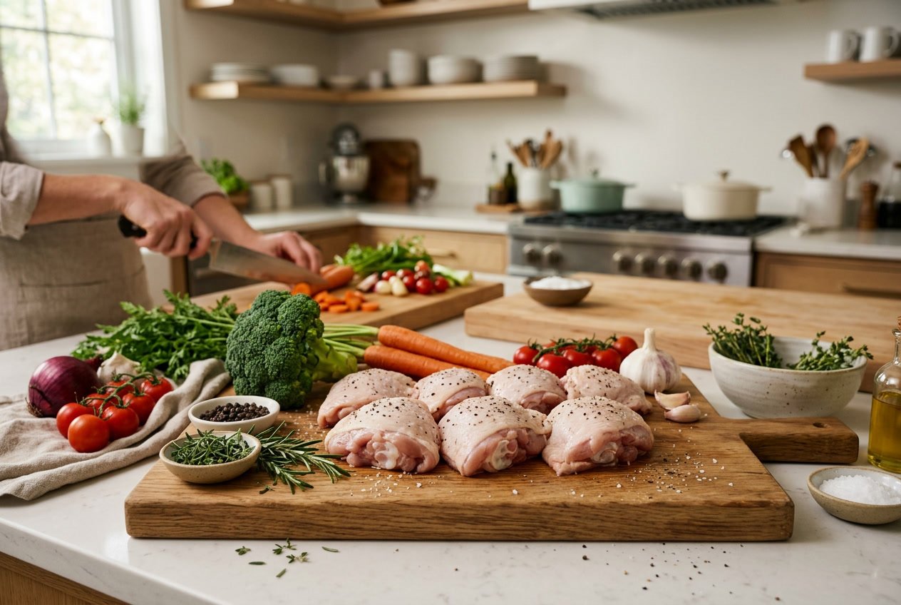 Raw chicken thighs on a cutting board surrounded by fresh vegetables and herbs in a kitchen setting with hands preparing food in the background.