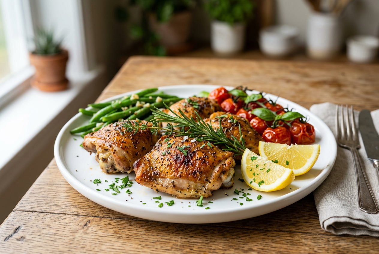 Close-up of cooked chicken thighs on a white plate with fresh herbs and vegetables.