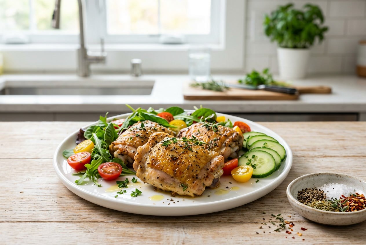 Close-up of cooked chicken thighs on a white plate with fresh vegetables in a bright kitchen.
