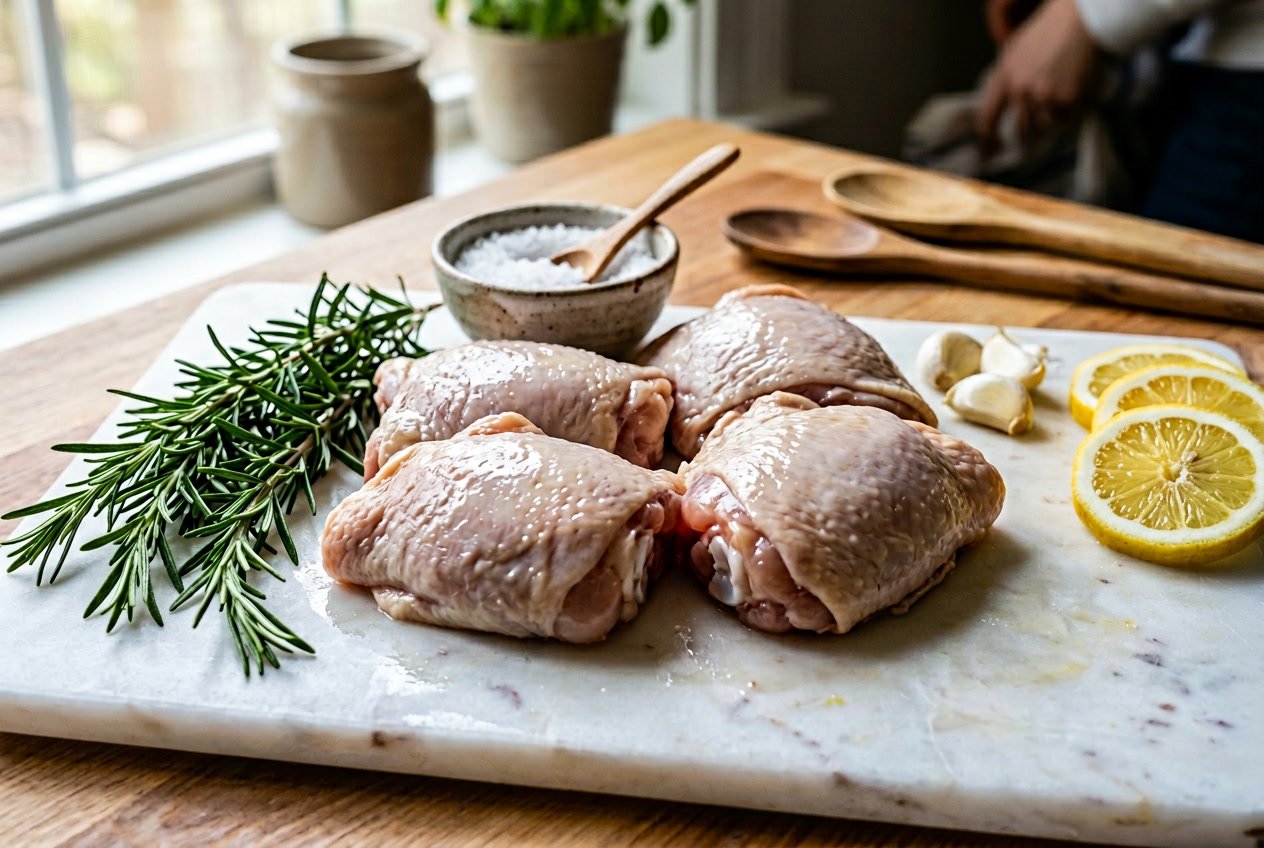 Close-up of raw chicken thighs on a white cutting board with garlic, rosemary, lemon slices, and sea salt around them.