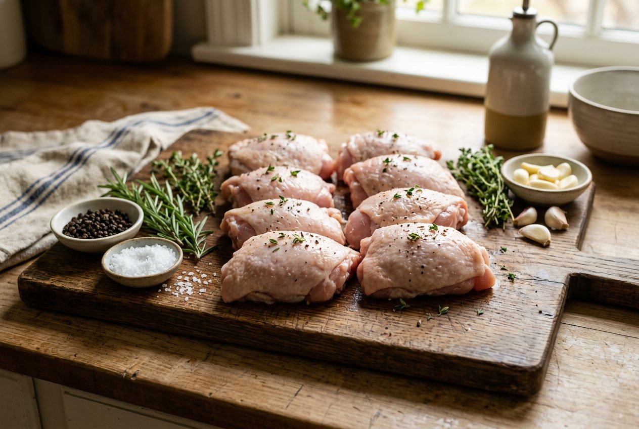 Fresh raw chicken thighs on a wooden cutting board surrounded by herbs and spices.