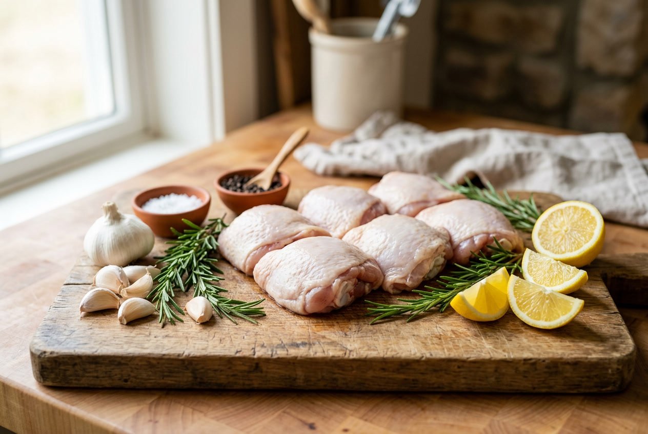 Raw chicken thighs on a wooden cutting board with rosemary, garlic, and lemon wedges nearby.