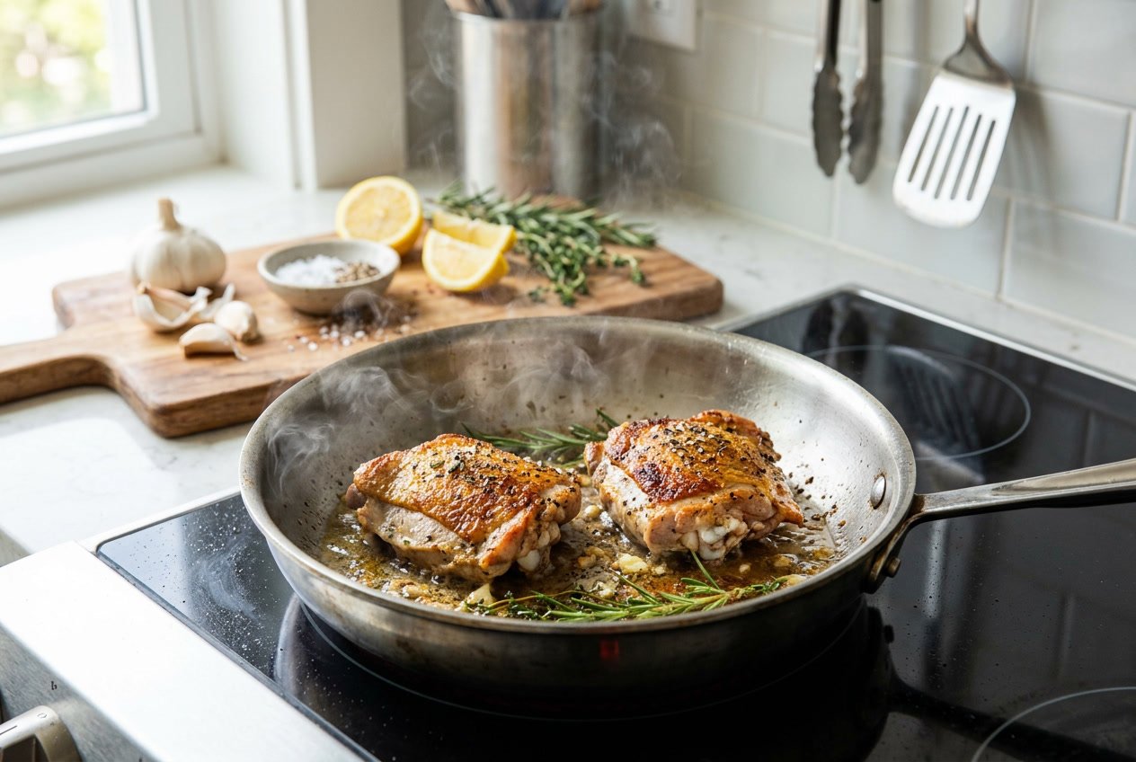 Close-up of chicken thighs cooking in a skillet on a stovetop with fresh herbs and ingredients nearby.