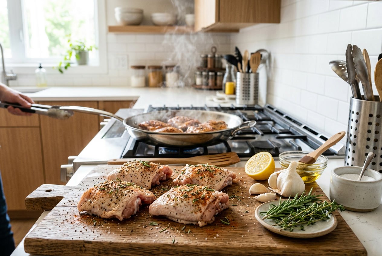 Raw seasoned chicken thighs on a cutting board next to fresh herbs and a skillet cooking on a stovetop in a bright kitchen.