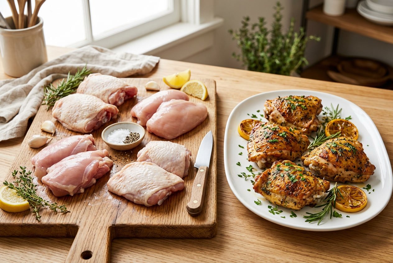 Various types of raw and cooked chicken thighs displayed on a wooden board and plate with fresh herbs and lemon slices in a bright kitchen setting.