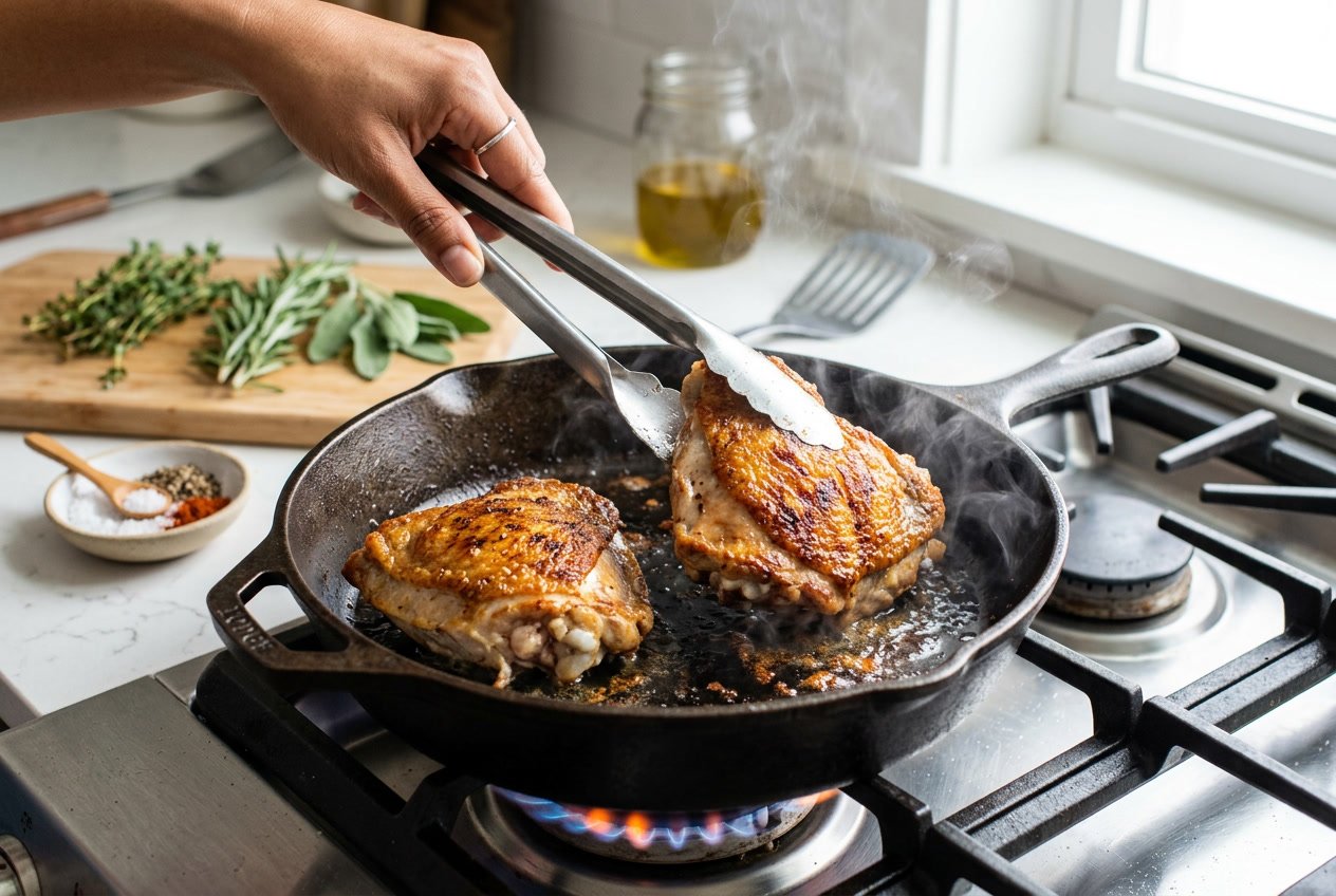 Close-up of chicken thighs being seared in a hot skillet with a hand turning them using tongs.