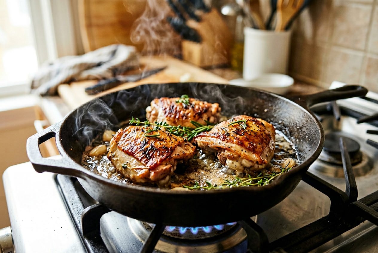 Close-up of chicken thighs searing in a hot skillet on a stovetop with herbs and steam rising.
