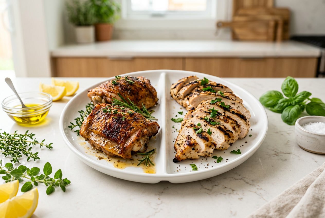 A plate with cooked chicken thighs on one side and grilled chicken breasts on the other, surrounded by fresh herbs and lemon slices on a kitchen countertop.