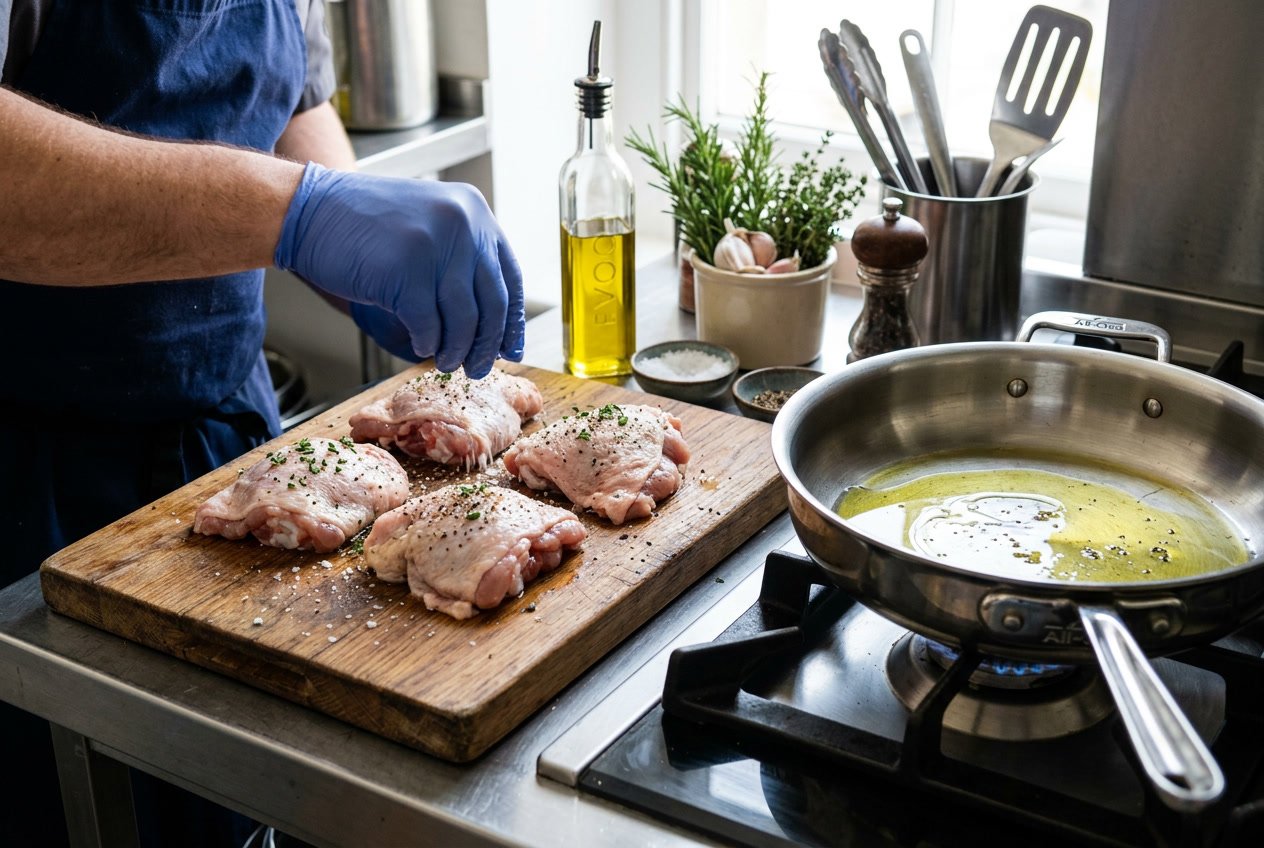 Close-up of raw chicken thighs being seasoned on a cutting board next to a heated skillet on a stovetop.