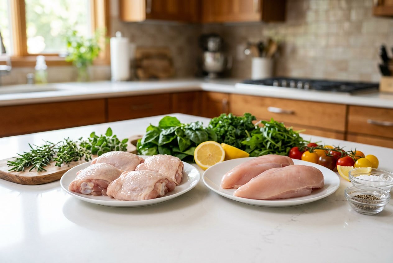 A kitchen countertop with plates of raw chicken thighs and chicken breasts surrounded by fresh vegetables and herbs.