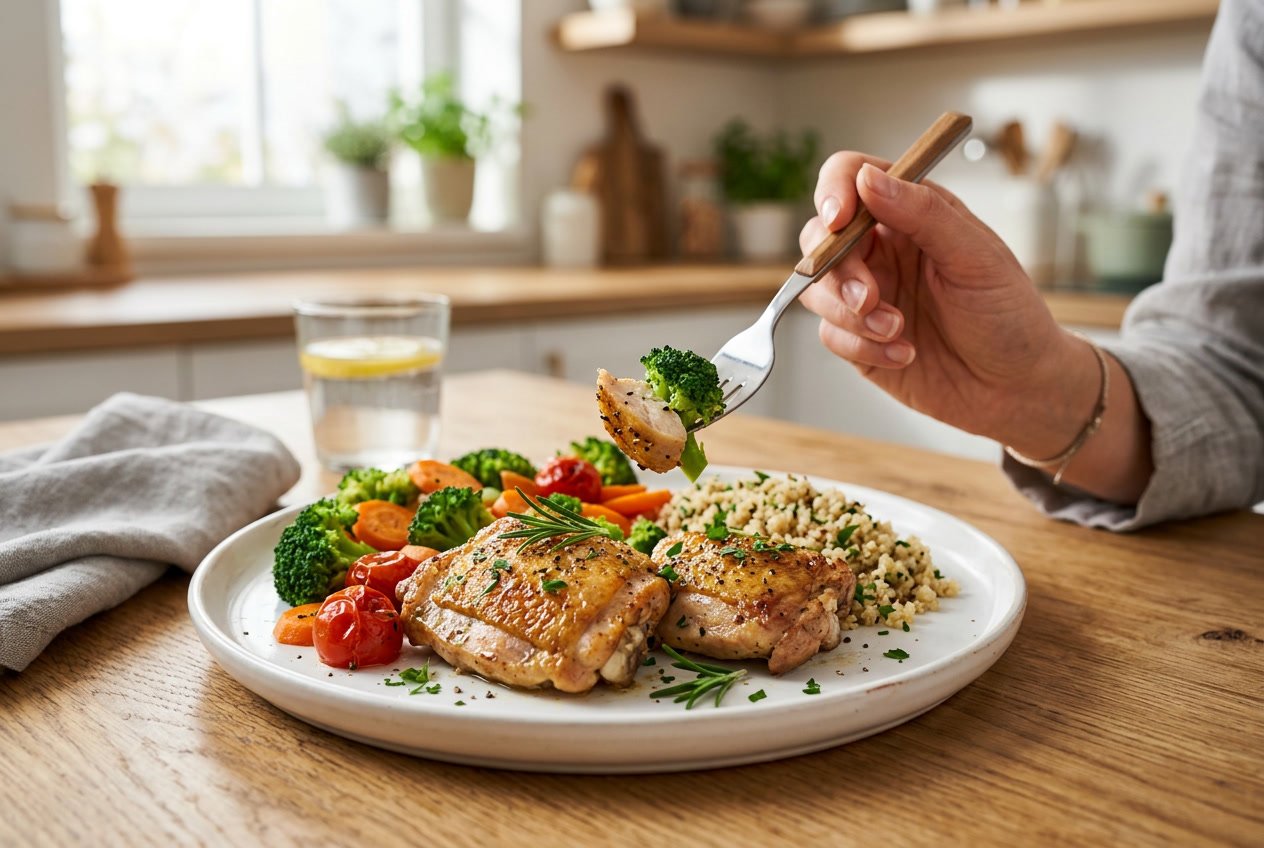 A plate of cooked chicken thighs with steamed vegetables and grains on a kitchen table, with a hand holding a fork ready to eat.